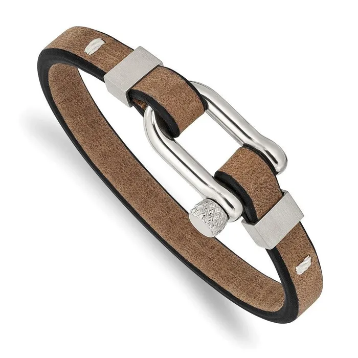 Bracelets Chisel Stainless Steel Brushed and Polished BlackBrown Leather 775in Bracelet