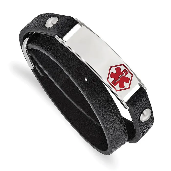 Bracelets Chisel Stainless Steel Polished Enamel Leather Wrap Medical Adj Bracelet