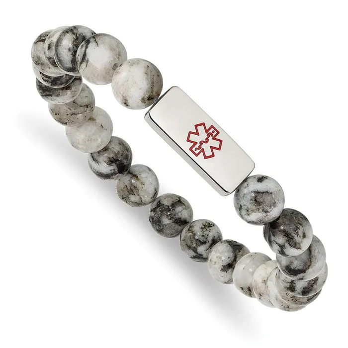 Bracelets Chisel Stainless Steel Polished Medical ID Lotus Jasper Bead Stretch Bracelet