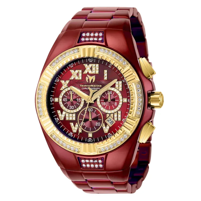 Bracelets TechnoMarine Technomarine Mens Watch Cruise Chrono Gold Tone Bezel Red Bracelet TM121236