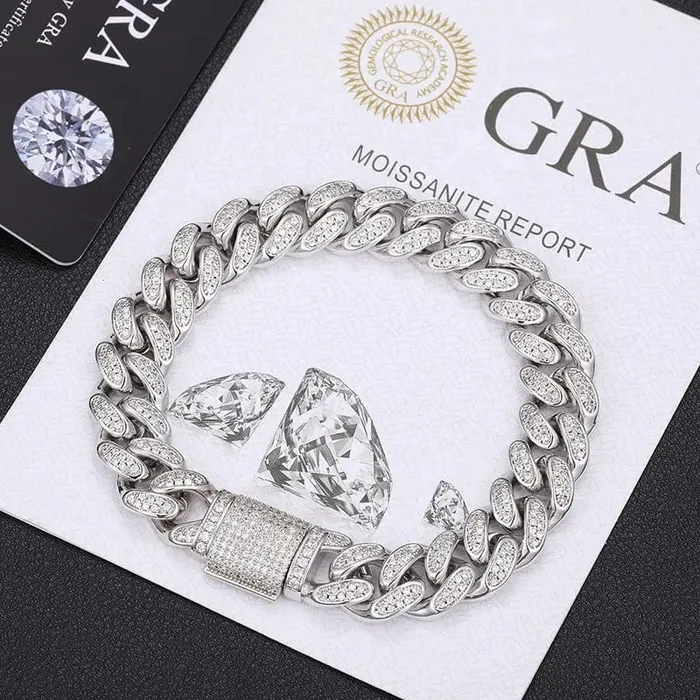 Bracelets VVS Jewelry 12mm 925 Sterling Silver VVS Moissanite Cuban Bracelet
