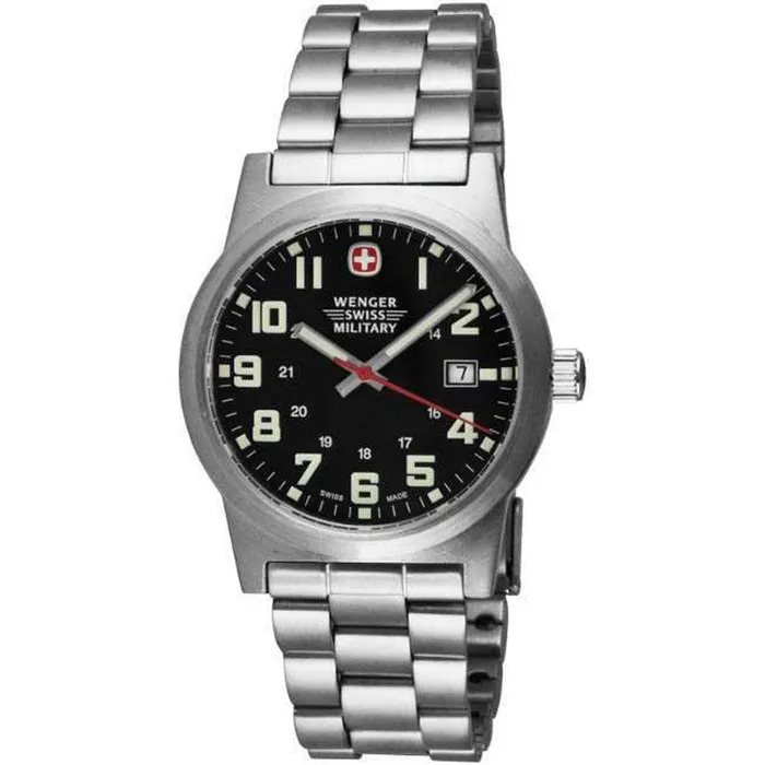 Bracelets Wenger Wenger 72906 Mens Military Classic Field Black Dial Steel Bracelet Watch