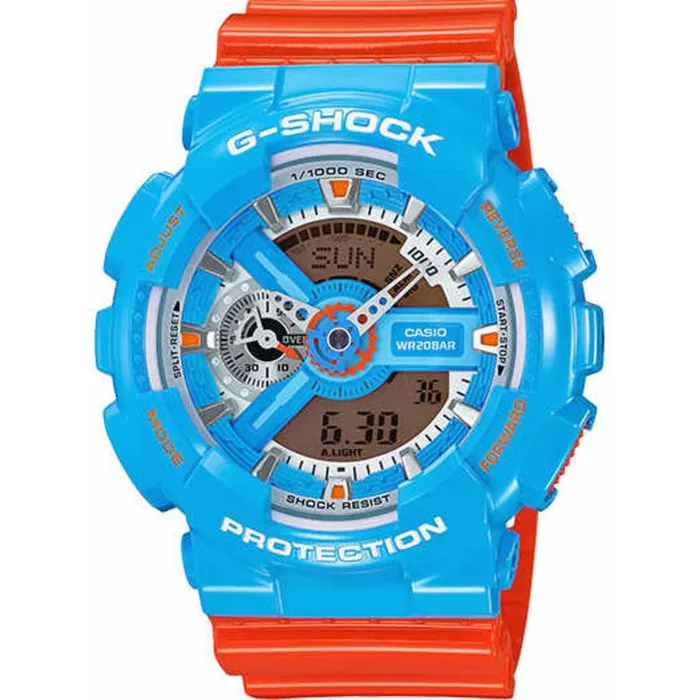 Casio Mens Watch GShock Alarm Blue Case Orange Resin Strap GA110NC2ACR Casio Watches