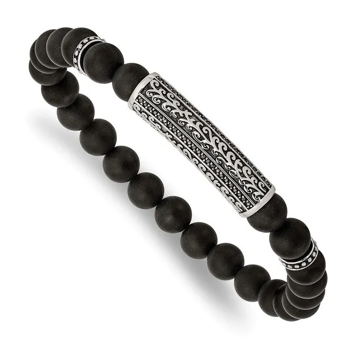 Chisel Bracelets Stainless Steel Antiqued Polished with Black CZ Agate Stretch Bracelet