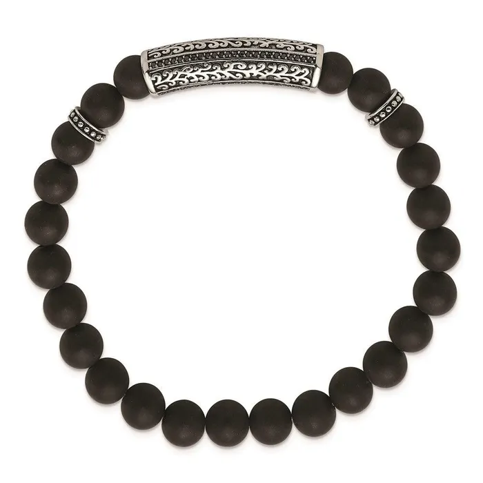 Chisel Bracelets Stainless Steel Antiqued Polished with Black CZ Agate Stretch Bracelet