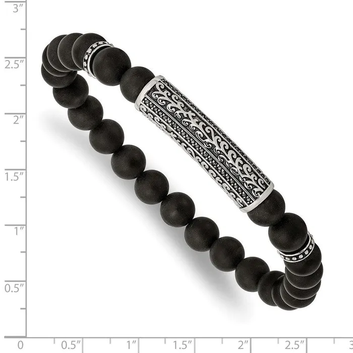 Chisel Bracelets Stainless Steel Antiqued Polished with Black CZ Agate Stretch Bracelet