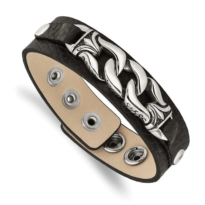Chisel Bracelets Stainless Steel Black Leather wAntiqued Chain 85in Bracelet