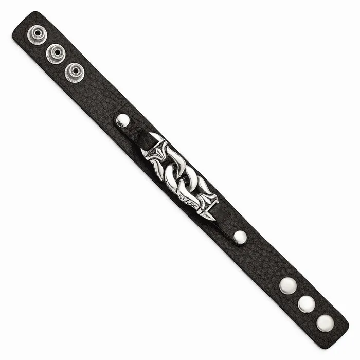 Chisel Bracelets Stainless Steel Black Leather wAntiqued Chain 85in Bracelet
