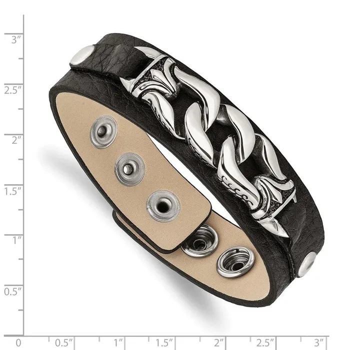 Chisel Bracelets Stainless Steel Black Leather wAntiqued Chain 85in Bracelet