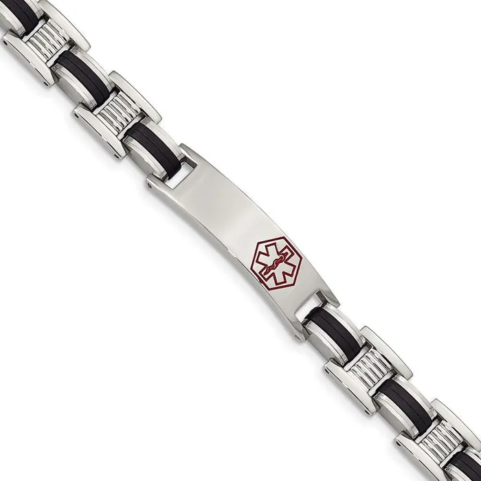 Chisel Bracelets Stainless Steel Black Rubber Red Enamel 8in Medical Bracelet