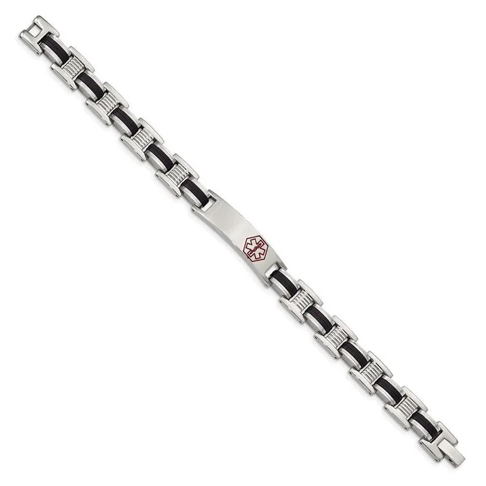 Chisel Bracelets Stainless Steel Black Rubber Red Enamel 8in Medical Bracelet