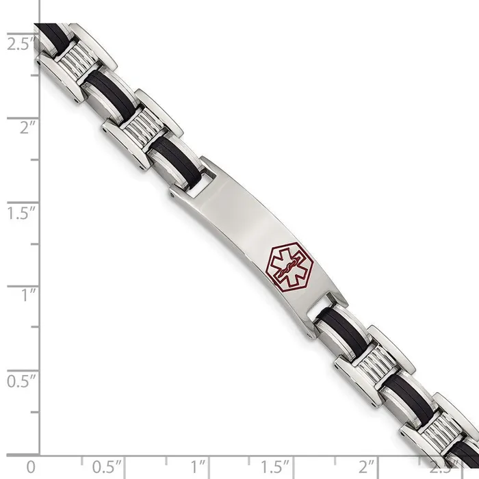 Chisel Bracelets Stainless Steel Black Rubber Red Enamel 8in Medical Bracelet