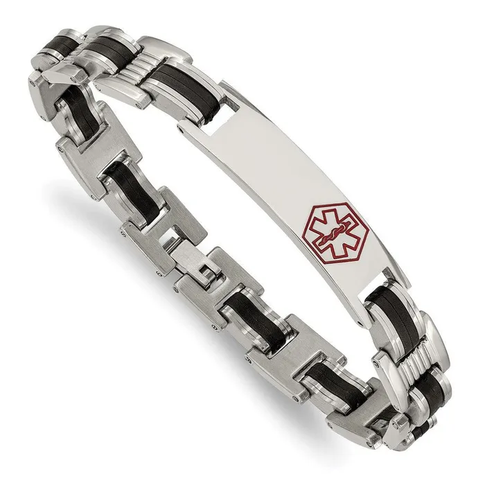 Chisel Bracelets Stainless Steel Black Rubber Red Enamel 8in Medical Bracelet