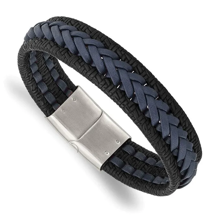 Chisel Bracelets Stainless Steel Polished BlackBlue Braided Leather 825in Bracelet