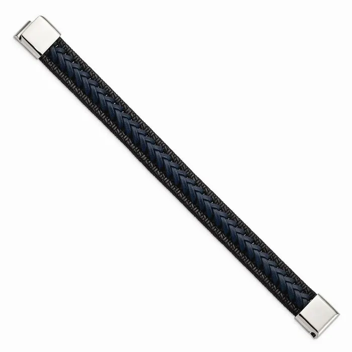 Chisel Bracelets Stainless Steel Polished BlackBlue Braided Leather 825in Bracelet