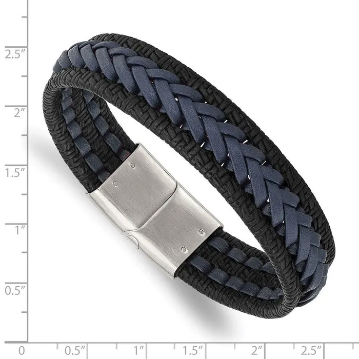 Chisel Bracelets Stainless Steel Polished BlackBlue Braided Leather 825in Bracelet