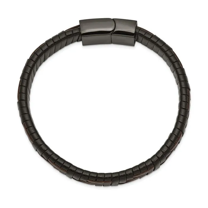 Chisel Bracelets Stainless Steel Polished Black IP BrownBlack Leather 825in Bracelet