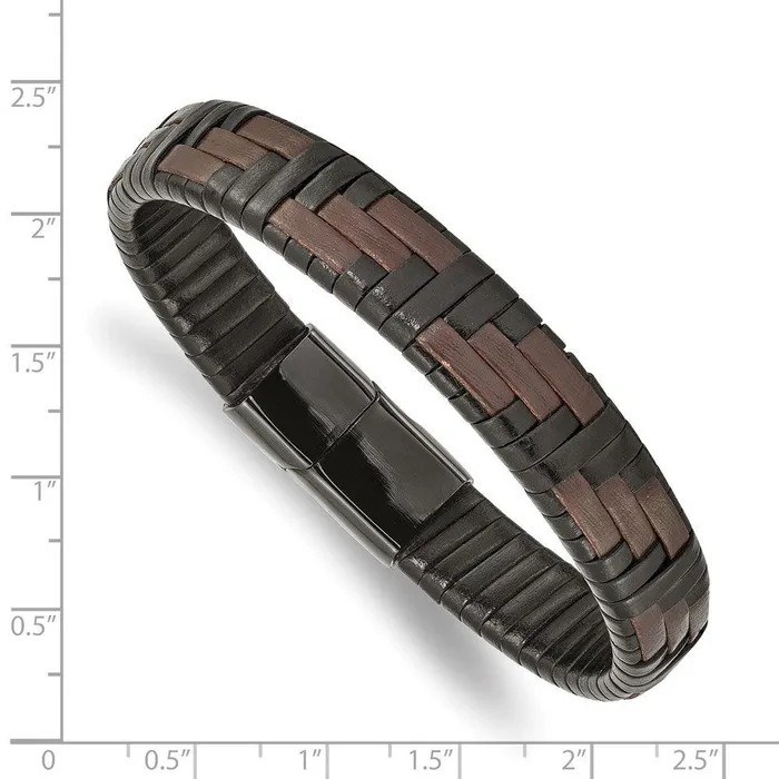 Chisel Bracelets Stainless Steel Polished Black IP BrownBlack Leather 825in Bracelet