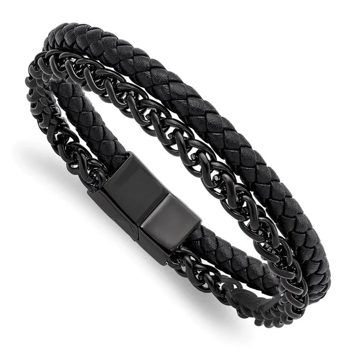 Chisel Bracelets Stainless Steel Polished Black IPplated Chain Black Leather 85in Bracelet