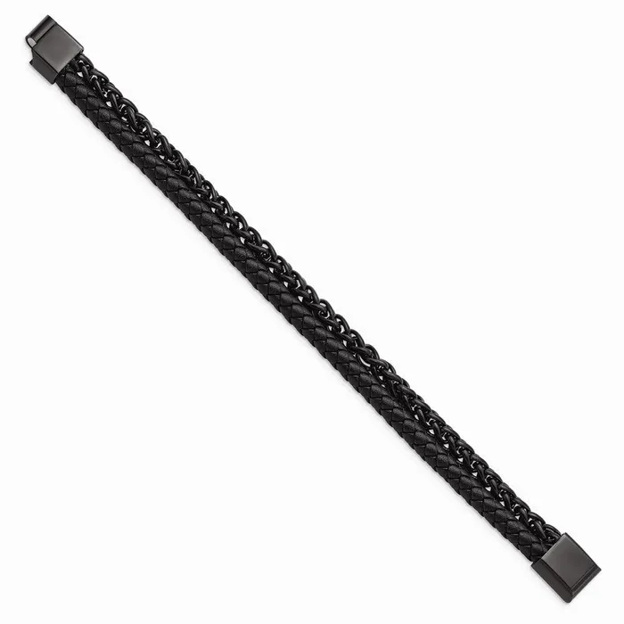 Chisel Bracelets Stainless Steel Polished Black IPplated Chain Black Leather 85in Bracelet