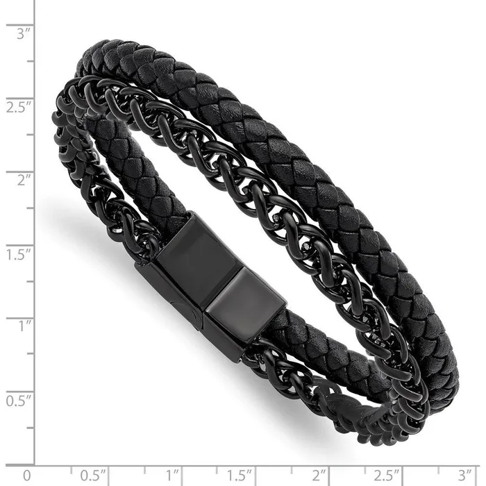 Chisel Bracelets Stainless Steel Polished Black IPplated Chain Black Leather 85in Bracelet