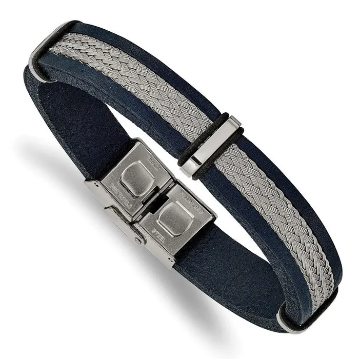 Chisel Bracelets Stainless Steel Polished Blue Leather and Wire 85in Bracelet