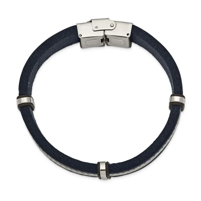 Chisel Bracelets Stainless Steel Polished Blue Leather and Wire 85in Bracelet