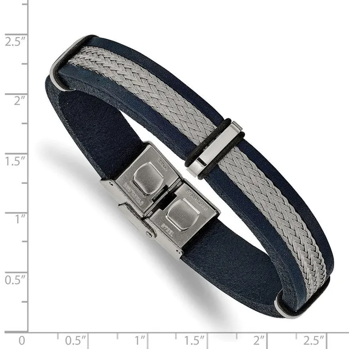 Chisel Bracelets Stainless Steel Polished Blue Leather and Wire 85in Bracelet