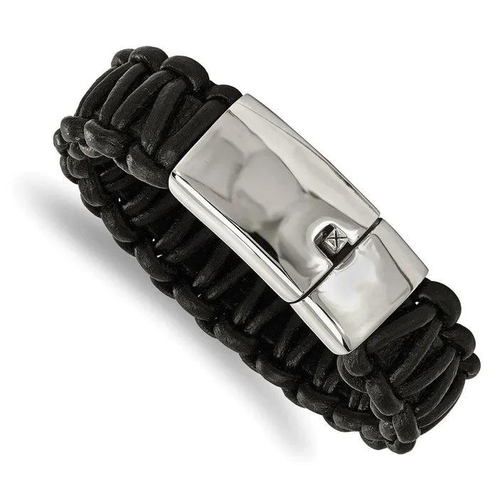Chisel Bracelets Stainless Steel Polished Rounded Braided Black Leather Bracelet