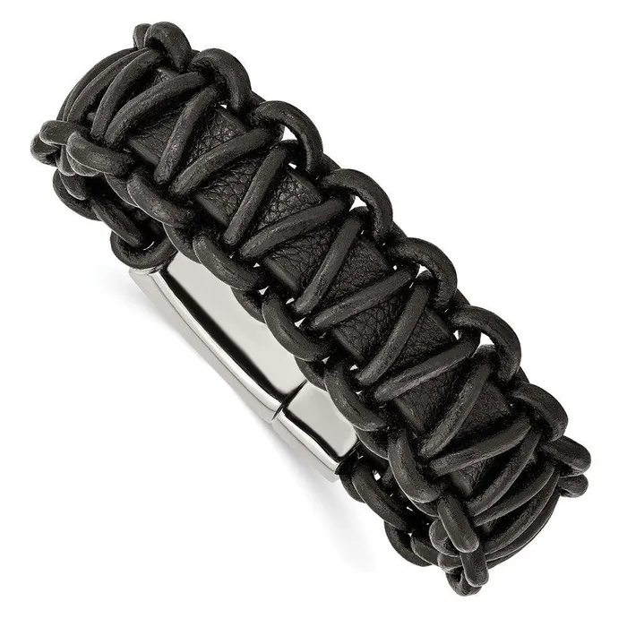 Chisel Bracelets Stainless Steel Polished Rounded Braided Black Leather Bracelet