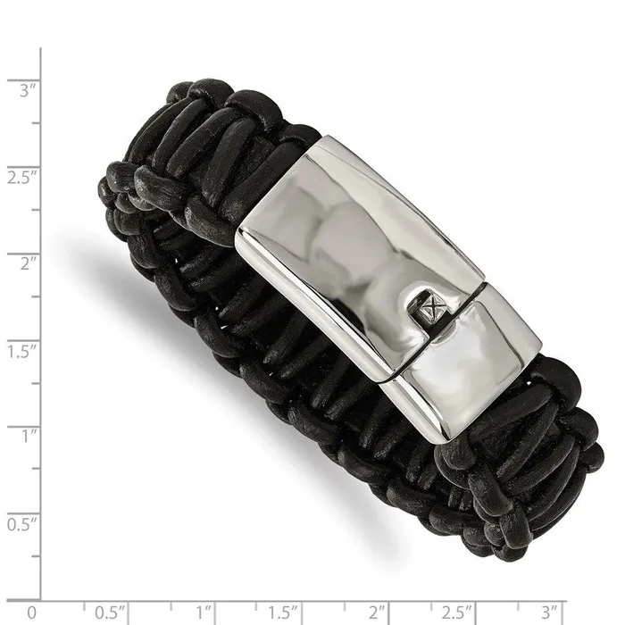 Chisel Bracelets Stainless Steel Polished Rounded Braided Black Leather Bracelet
