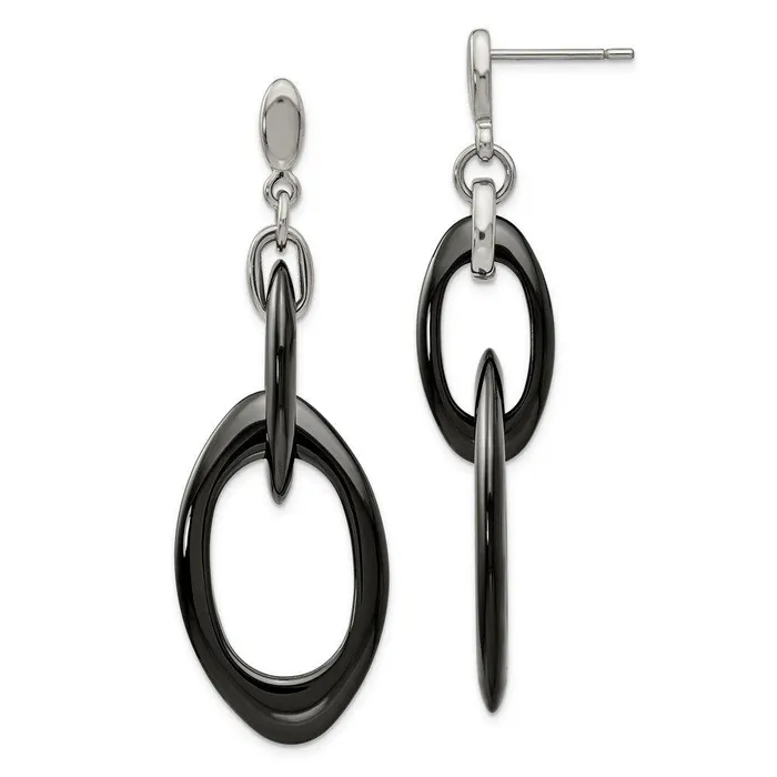Chisel Earrings Stainless Steel And Black Ceramic Polished Dangle Post Earrings