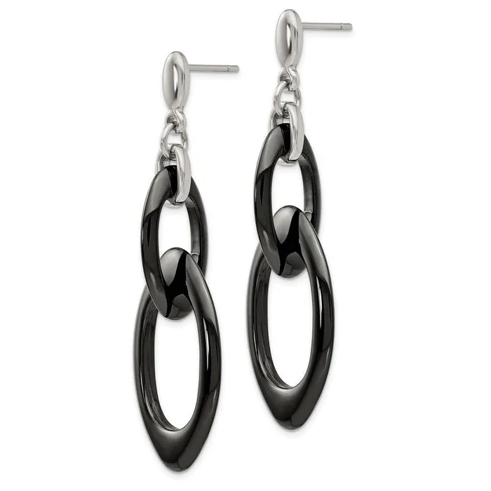 Chisel Earrings Stainless Steel And Black Ceramic Polished Dangle Post Earrings