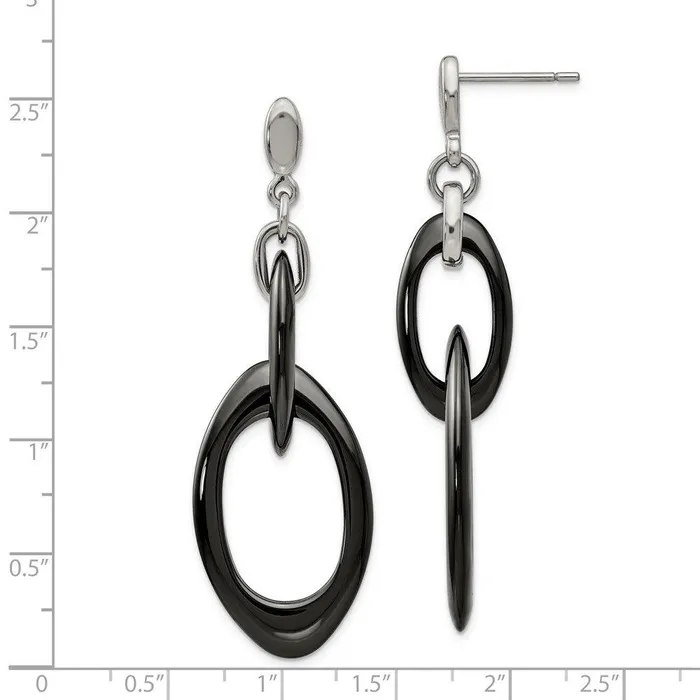 Chisel Earrings Stainless Steel And Black Ceramic Polished Dangle Post Earrings