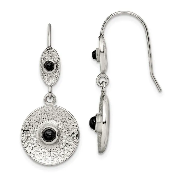 Chisel Earrings Stainless Steel Polished and Textured Black Onyx Circle Earrings