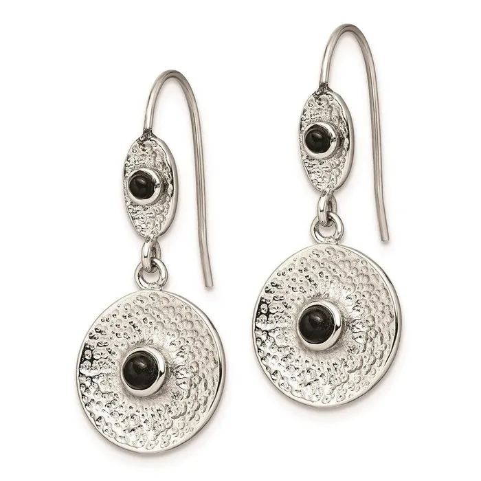 Chisel Earrings Stainless Steel Polished and Textured Black Onyx Circle Earrings