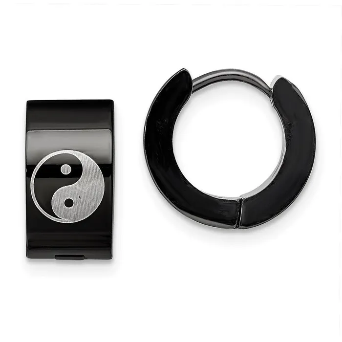 Chisel Earrings Stainless Steel Yin Yang Black IP Plated Hinged Hoop Earrings