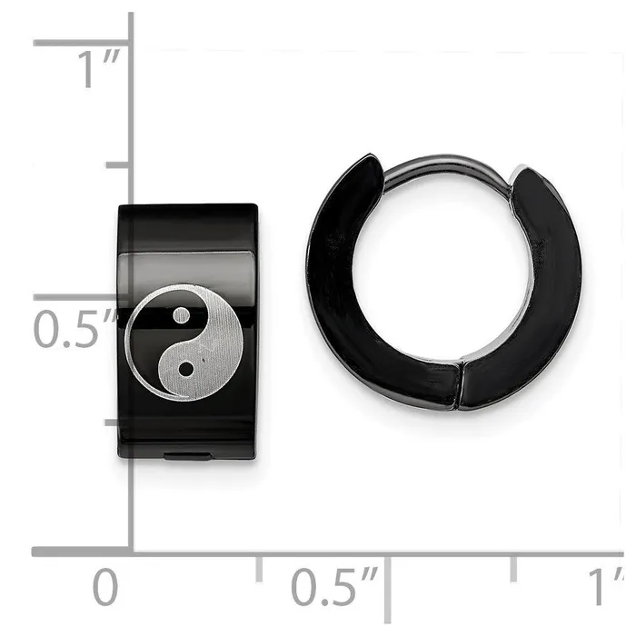 Chisel Earrings Stainless Steel Yin Yang Black IP Plated Hinged Hoop Earrings