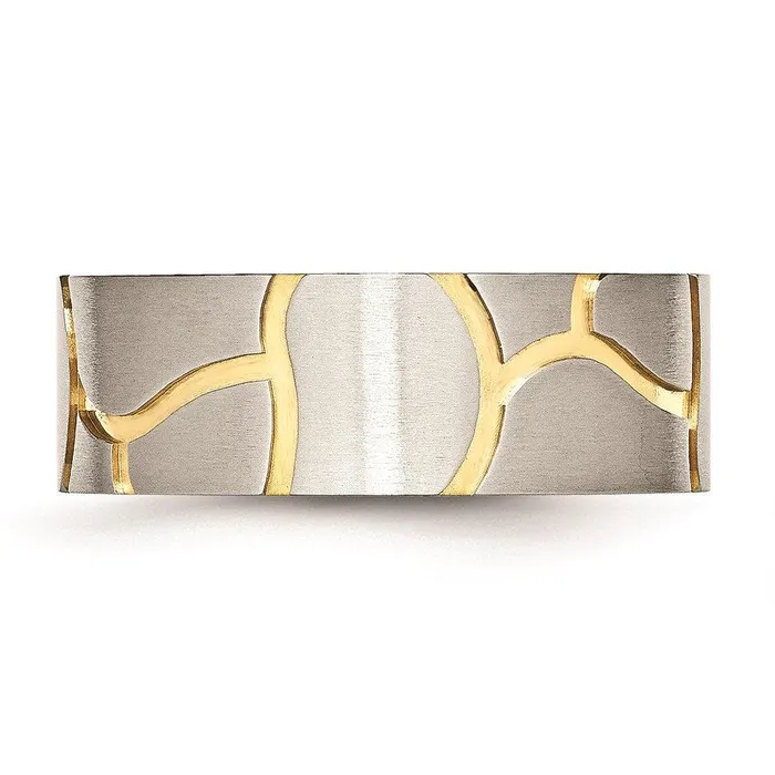 Chisel Rings Stainless Steel Grooved Yellow IPplated Mens 8mm Brushed Band