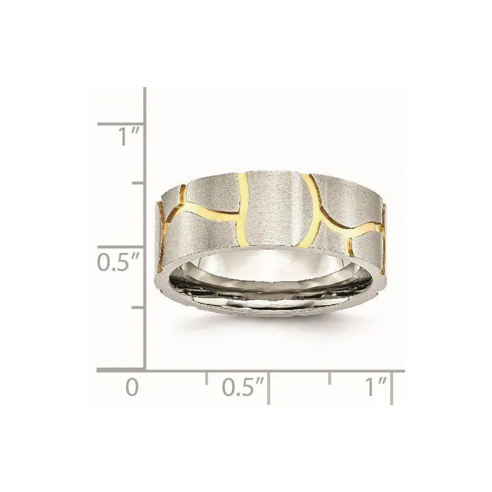 Chisel Rings Stainless Steel Grooved Yellow IPplated Mens 8mm Brushed Band