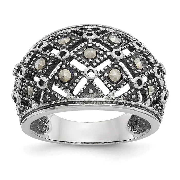Chisel Rings Stainless Steel Polished and Antiqued Marcasite Ring