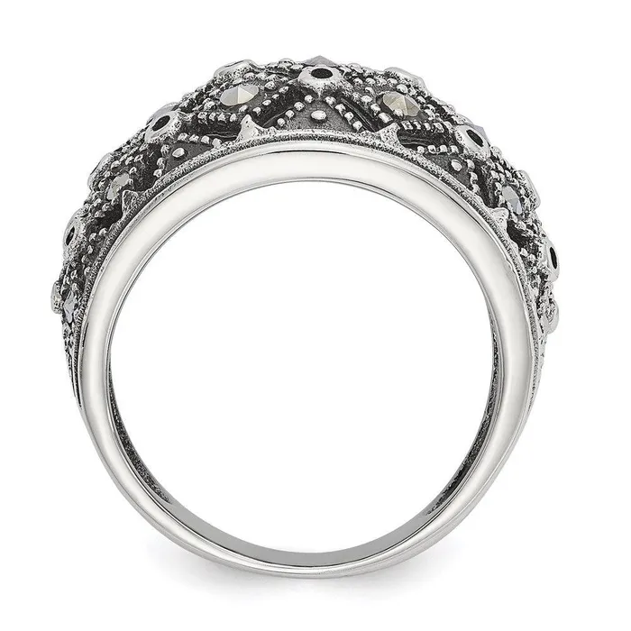 Chisel Rings Stainless Steel Polished and Antiqued Marcasite Ring