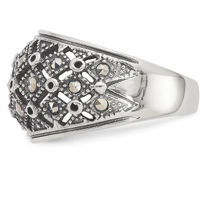 Chisel Rings Stainless Steel Polished and Antiqued Marcasite Ring