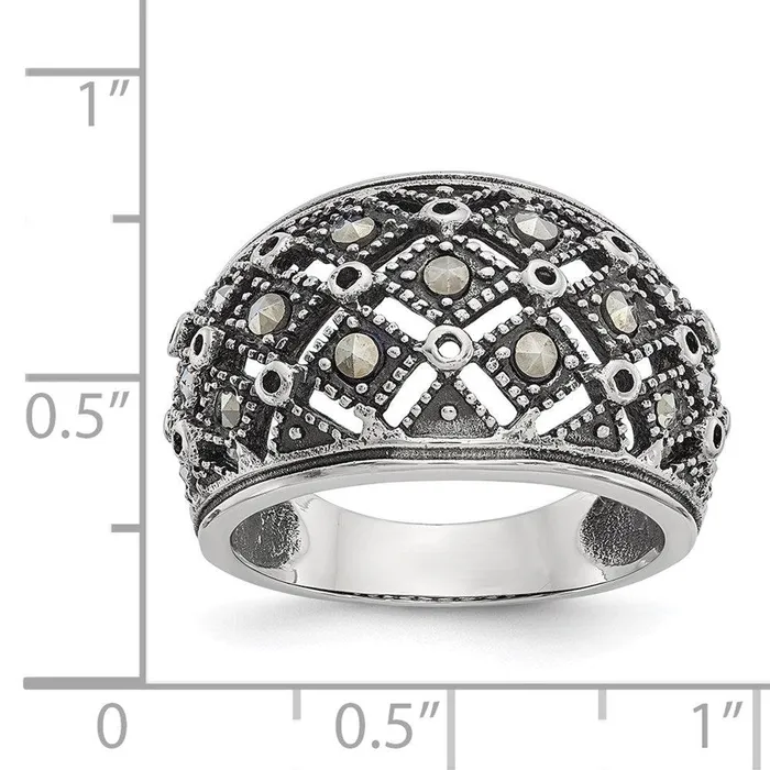 Chisel Rings Stainless Steel Polished and Antiqued Marcasite Ring