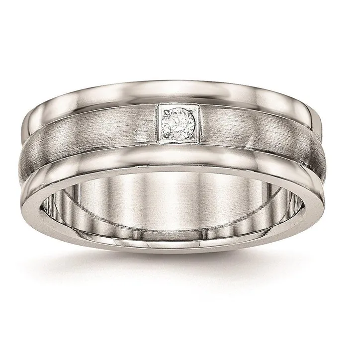 Chisel Rings Stainless Steel Polished and Brushed Grooved CZ Ring