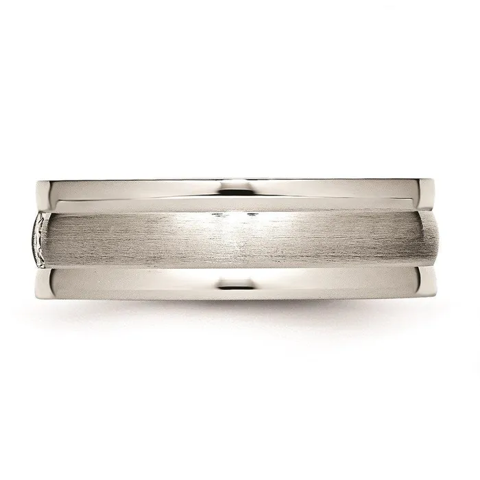 Chisel Rings Stainless Steel Polished and Brushed Grooved CZ Ring