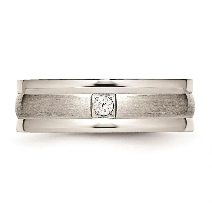 Chisel Rings Stainless Steel Polished and Brushed Grooved CZ Ring