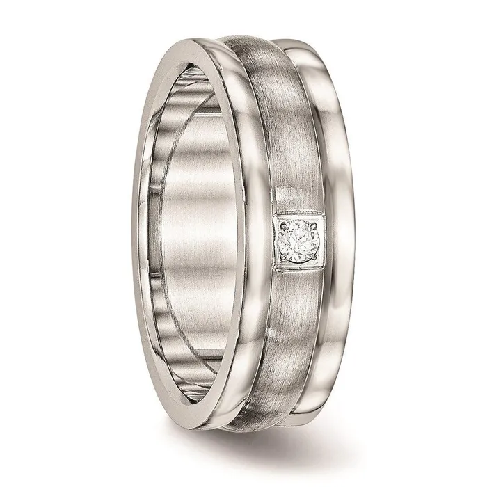 Chisel Rings Stainless Steel Polished and Brushed Grooved CZ Ring