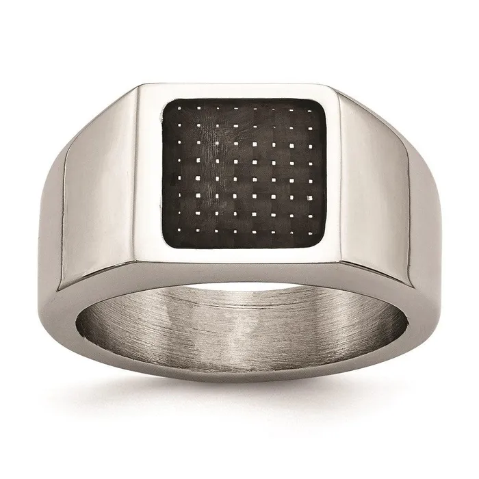 Chisel Rings Stainless Steel Polished Signet Carbon Fiber Inlay Ring