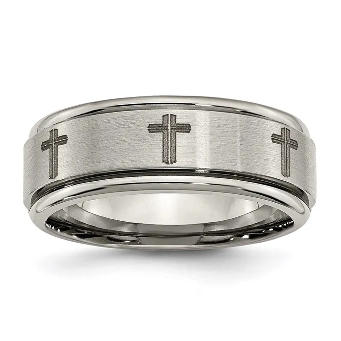 Chisel Rings Titanium Ridged Edge 8mm Laser Design Brushed Polished Band TB11D